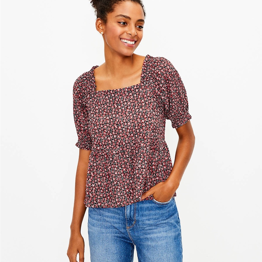 LOFT Red Flutter Sleeve Smocked Blouse